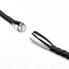 Black leather string made of intertwined strips and round fastening