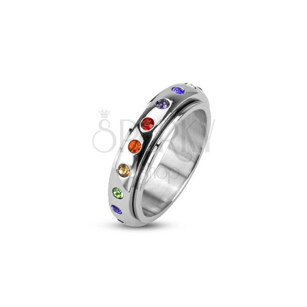 Ring made of steel - spinning band with colorful zircons