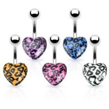 Navel piercing made of steel - colored heart with leopard pattern