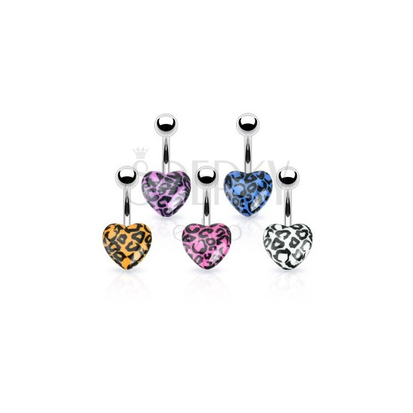 Navel piercing made of steel - colored heart with leopard pattern