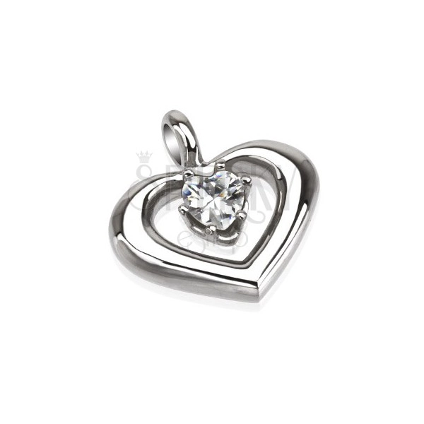 Steel pendant - round heart contour, clear zircon in the middle