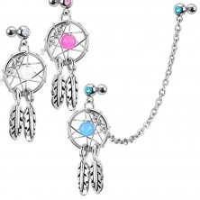 Ear piercing made of steel 316L - dreamcatcher with bead, zircons and chain