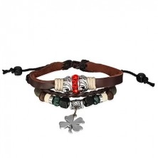 Leather bracelet - braided strings, red zircon ring, four-leaf