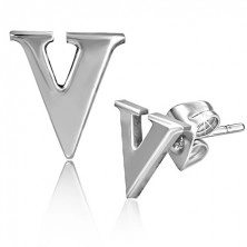 Earrings made of steel - letter V, stud closure