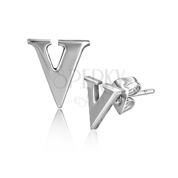 Earrings made of steel - letter V, stud closure